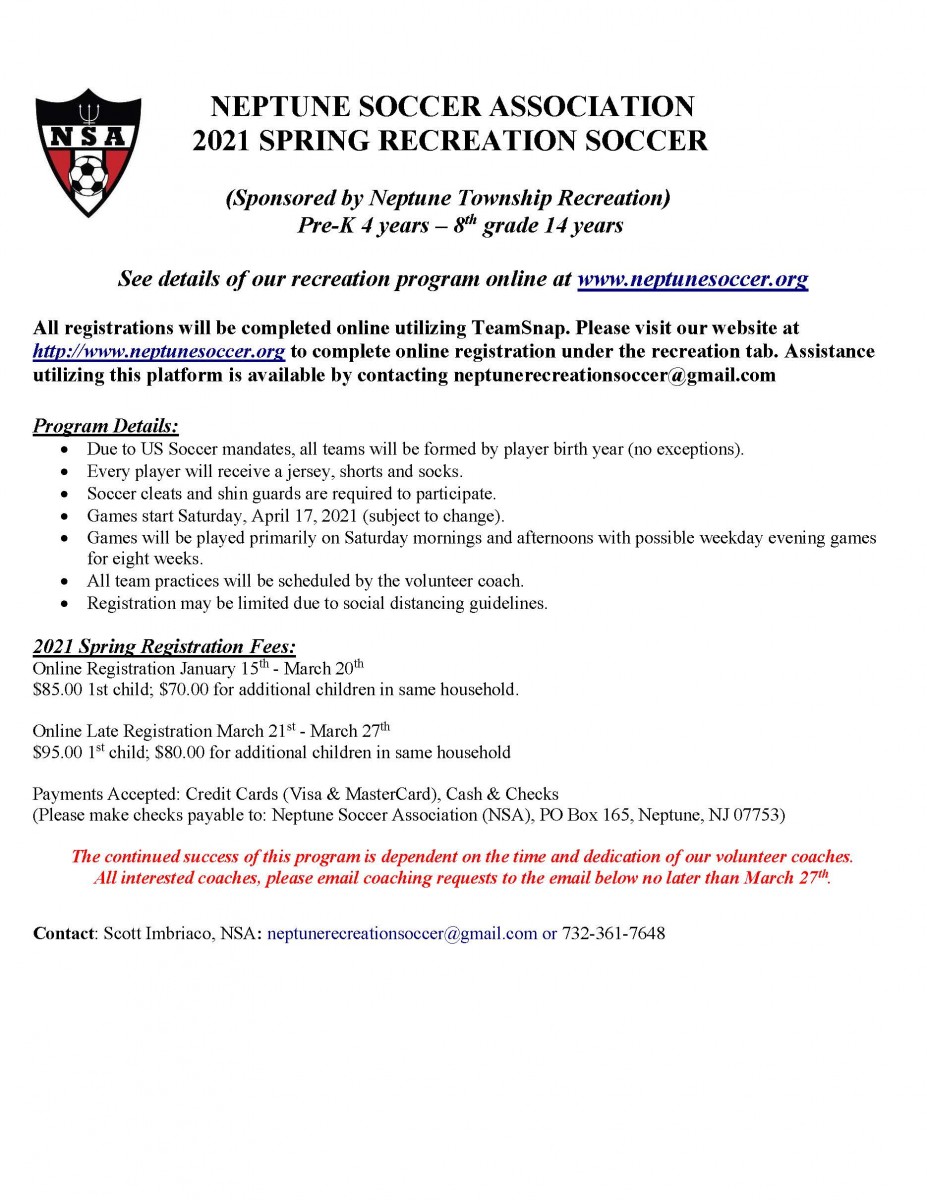 Neptune Recreation Soccer Registration Deadline Neptune Township